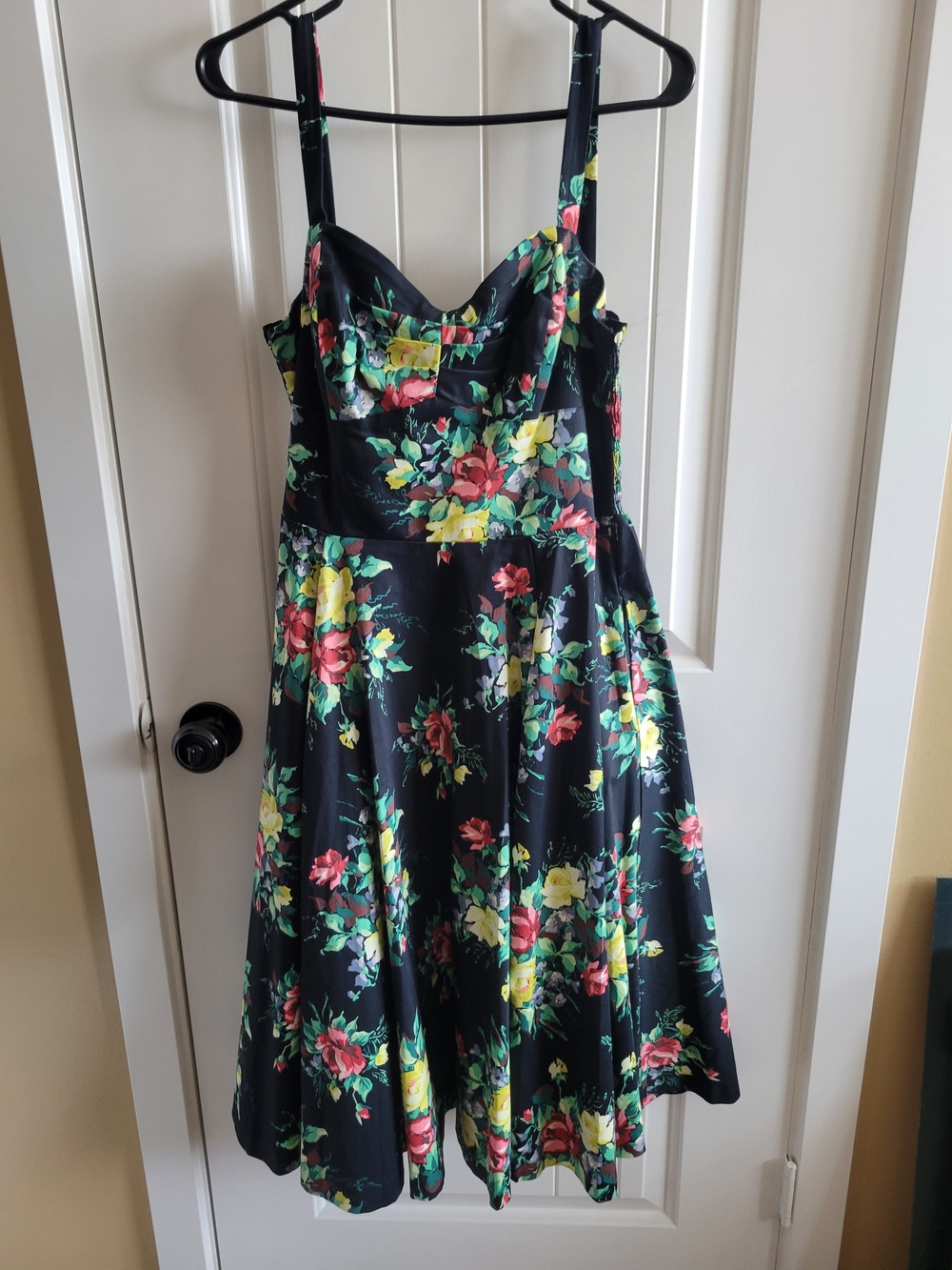 Black Floral Midi Dress with Yellow & Pink Blooms